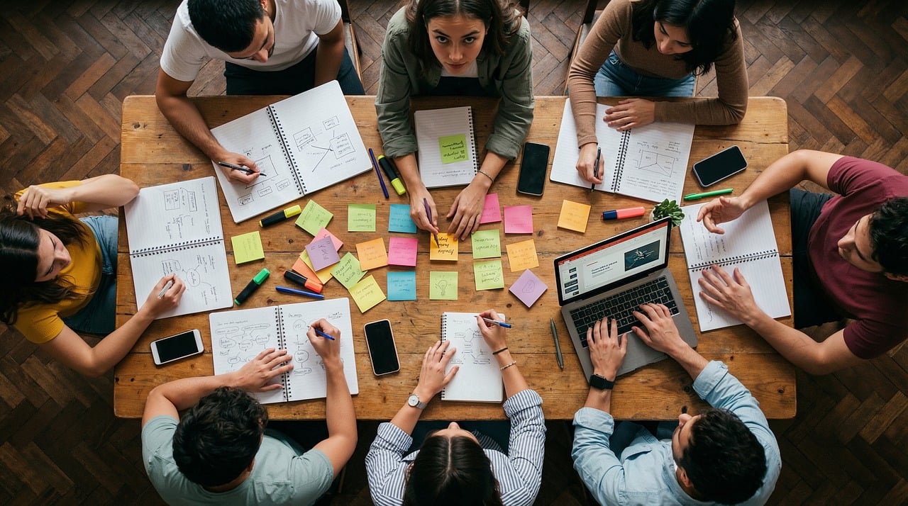 Tim bisnis dan teknis meninjau diagram sistem, akses, dan workflow rilis aplikasi di meja kerja